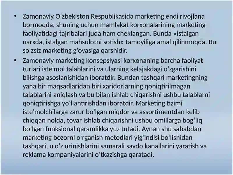 Marketingning O`zbekiston korxonalarida xususiyatlari 4
