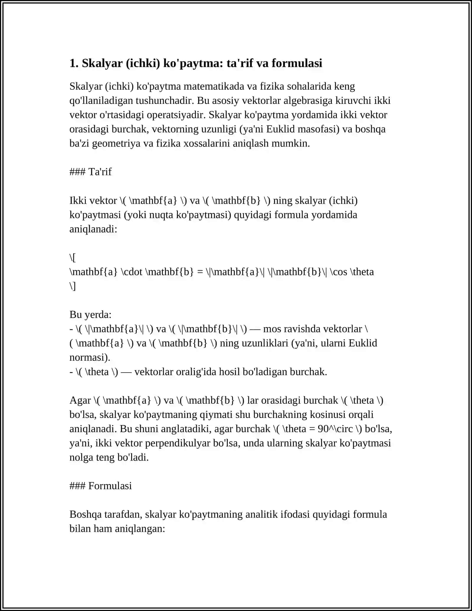 VEKTORLARNING SKALYAR, VEKTORI VA ARALASH KOʻPAYTMALARI VA ULARNING XOSSALARI. SKALYAR, VEKTOR VA ARALASH KOʻPAYTMALARINING BA'ZI TADBIRLAR 4