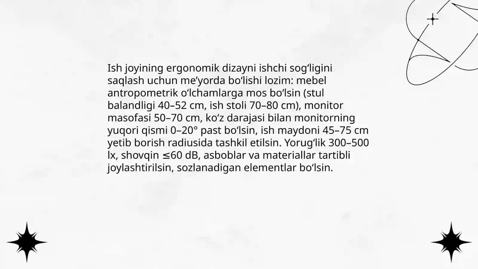Ergonomika asoslari va uning ishlab chiqarishda xavfsiz faoliyatni amalga oshirishda turgan o'rni 4