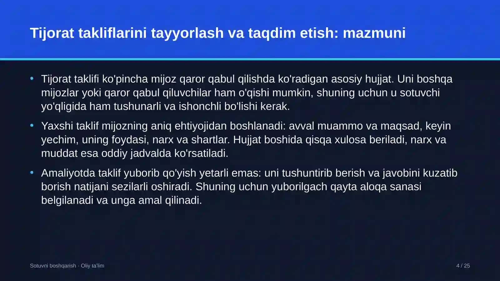 Sotuvni boshqarish · Oliy ta'lim 4