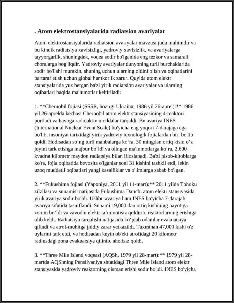ATOM ELEKTROSTANSIYALARIDA YUZ BERISHI EHTIMOLI YUQORI BO’LGAN FAVQULOTDA HOLATLAR VA ULARNI ATROF MUHITGA ZARARLI TA’SIRI OQIBATLARI (CHERNOBIL AES DAGI AVARIYA OQIBATLARI) 4
