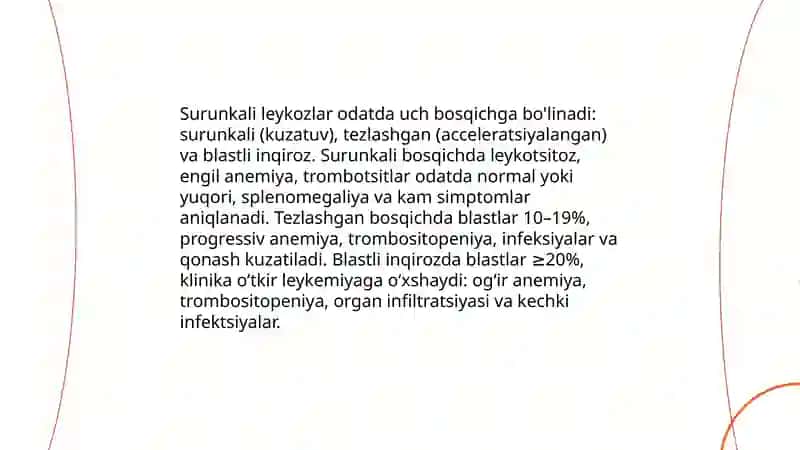 Oʻtkir va surunkali leykozlar simptomotologiyasi.Davolash prinsiplari 4