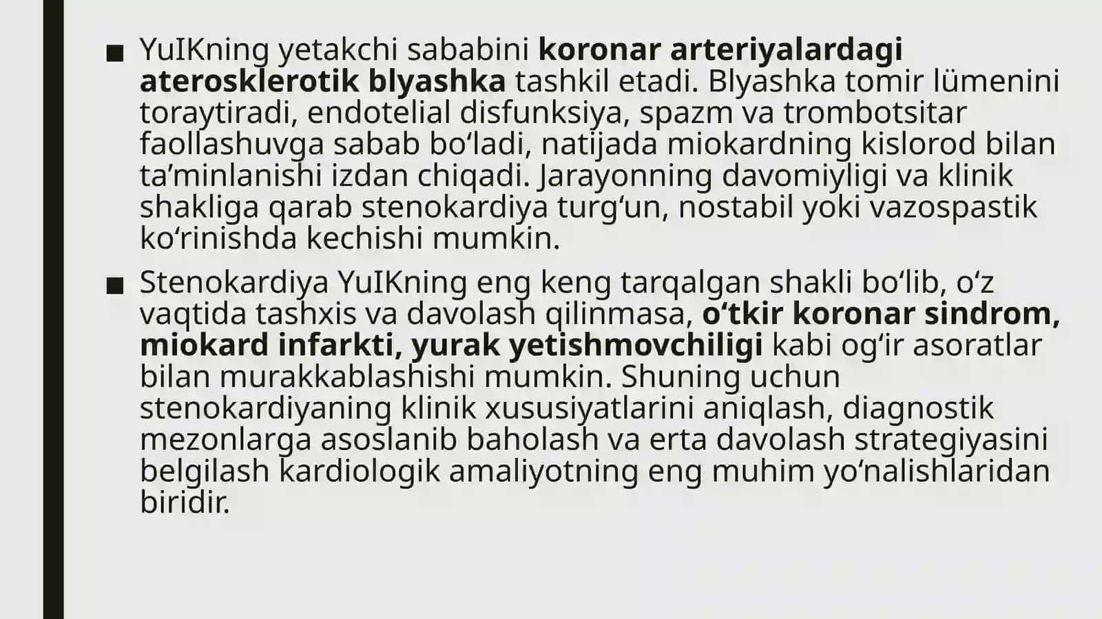YuIK. Stenokardiya.Etiologiya, patogenez, klassifikatsiya, klinika, diagnostika, asoratlar, davolash 4