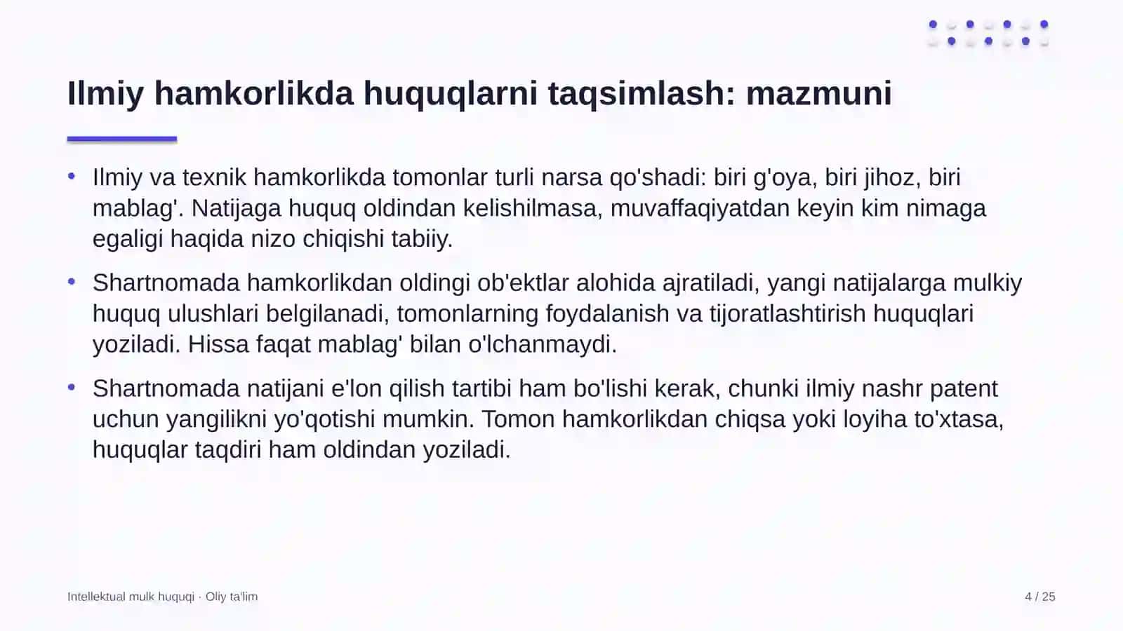 Dilerlik tarmoqlarida ilmiy hamkorlikda intellektual mulk huquqlarini taqsimlash 4