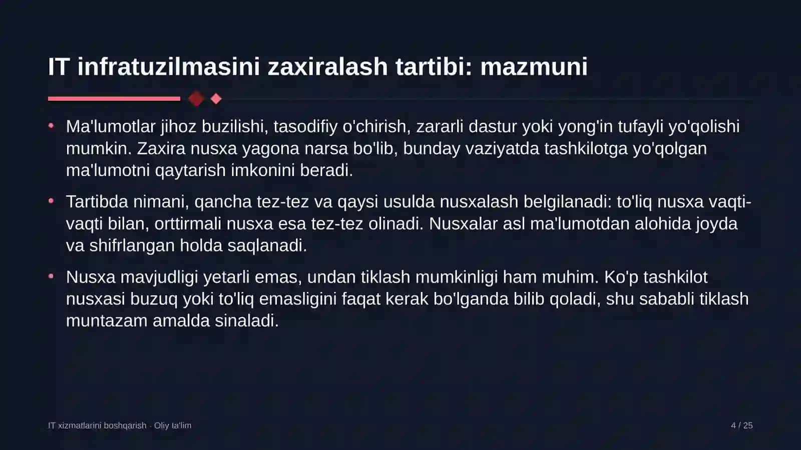optik tolali aloqa tarmoqlarida axborot texnologiyalari infratuzilmasini zaxiralash tartibini joriy etish 9237 4