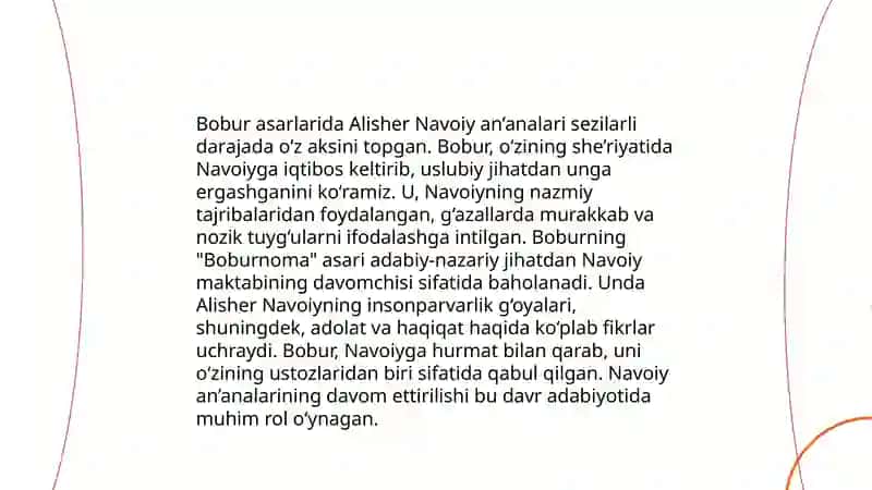 XVII-XIX asrlarda Alisher Navoiy an’anasi va o’zbek adabiy tili taraqqiyotini o’rganishda Bobur, Muhammad Solih asarlarining ahamiyati. 4