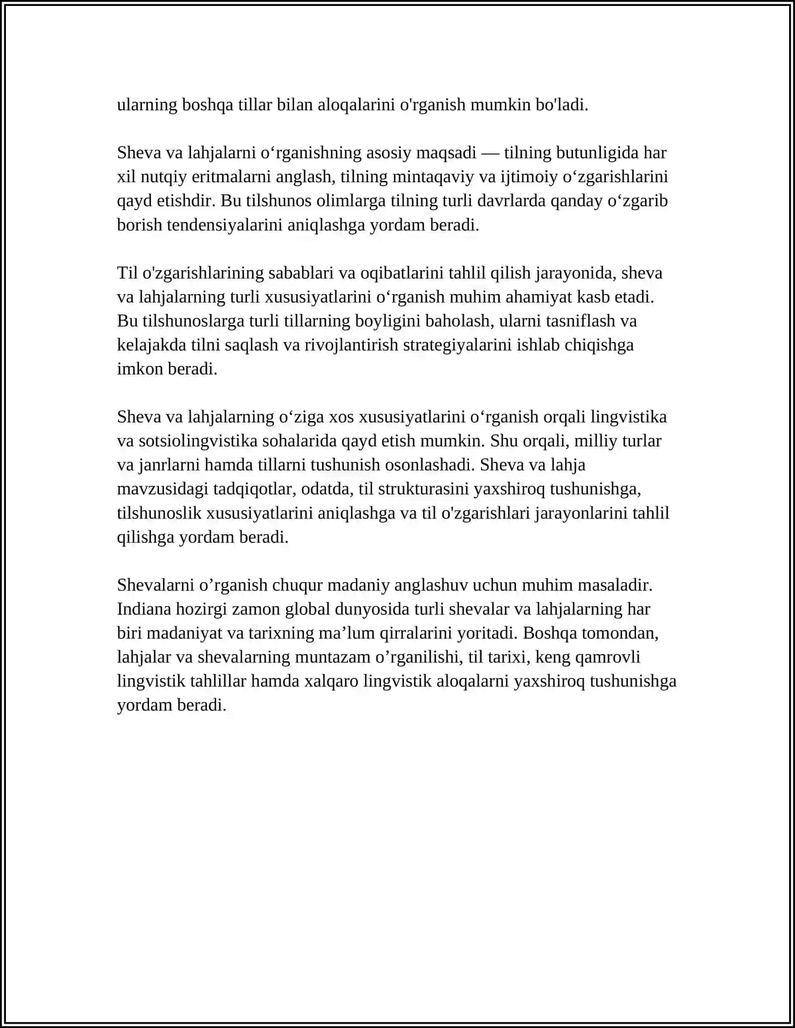 SHEVA, DIALEKTAL, LAHJALARNING XUSUSIYATLARI, ULARNI O'RGANISH METODLARI 4