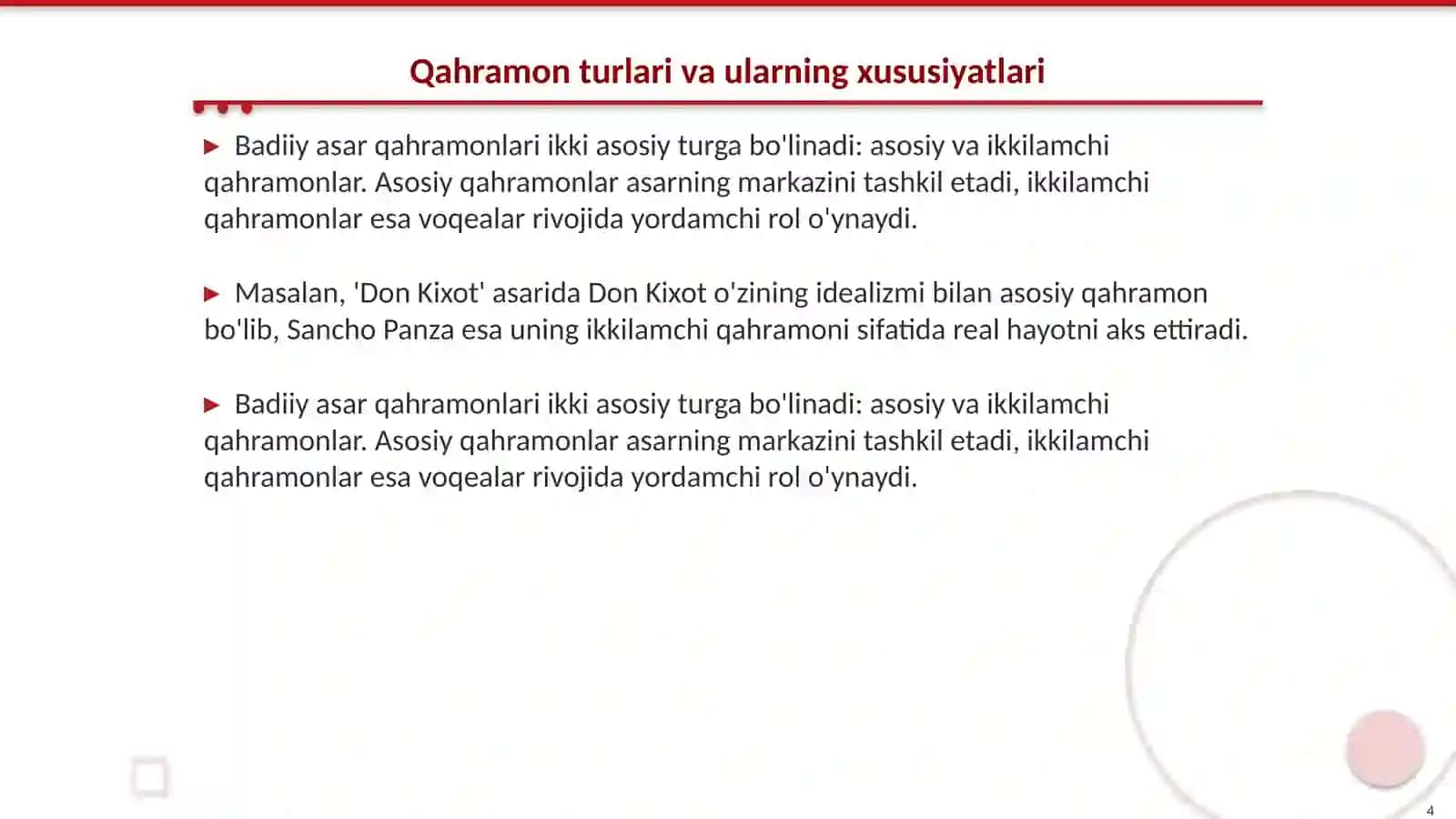 Badiiy asar qahramonlarini baholashga oʻrgatishga yoʻnaltirilgan dars ishlanmalari tayyorlash 4