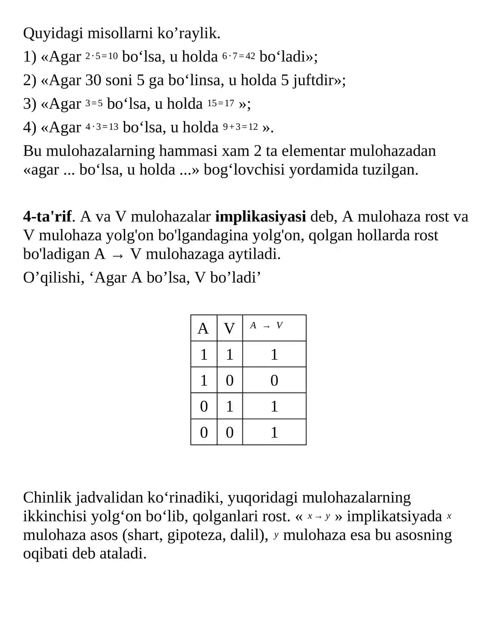 Mulohazalar algebrasi. Boshlang'ich tushunchalar 4