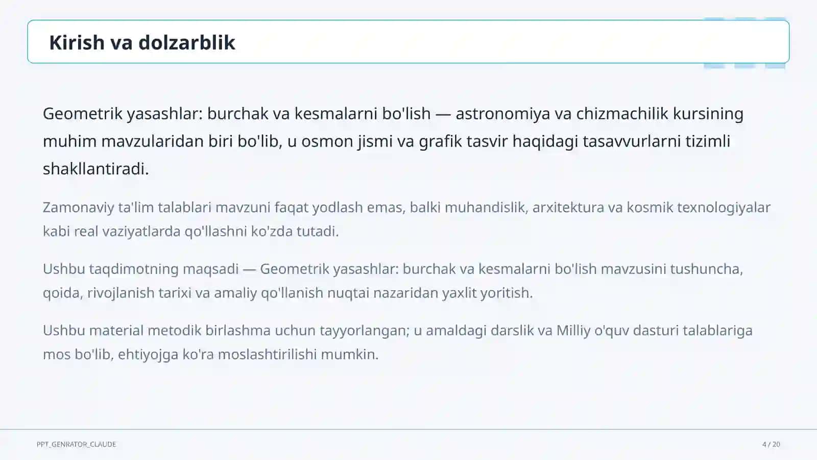 Geometrik yasashlar: burchak va kesmalarni bo'lish (8-sinf) 4