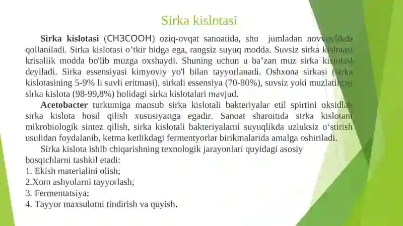 Isteʼmol organik kislotalari ishlab chiqarish biotexnologiyasi 4