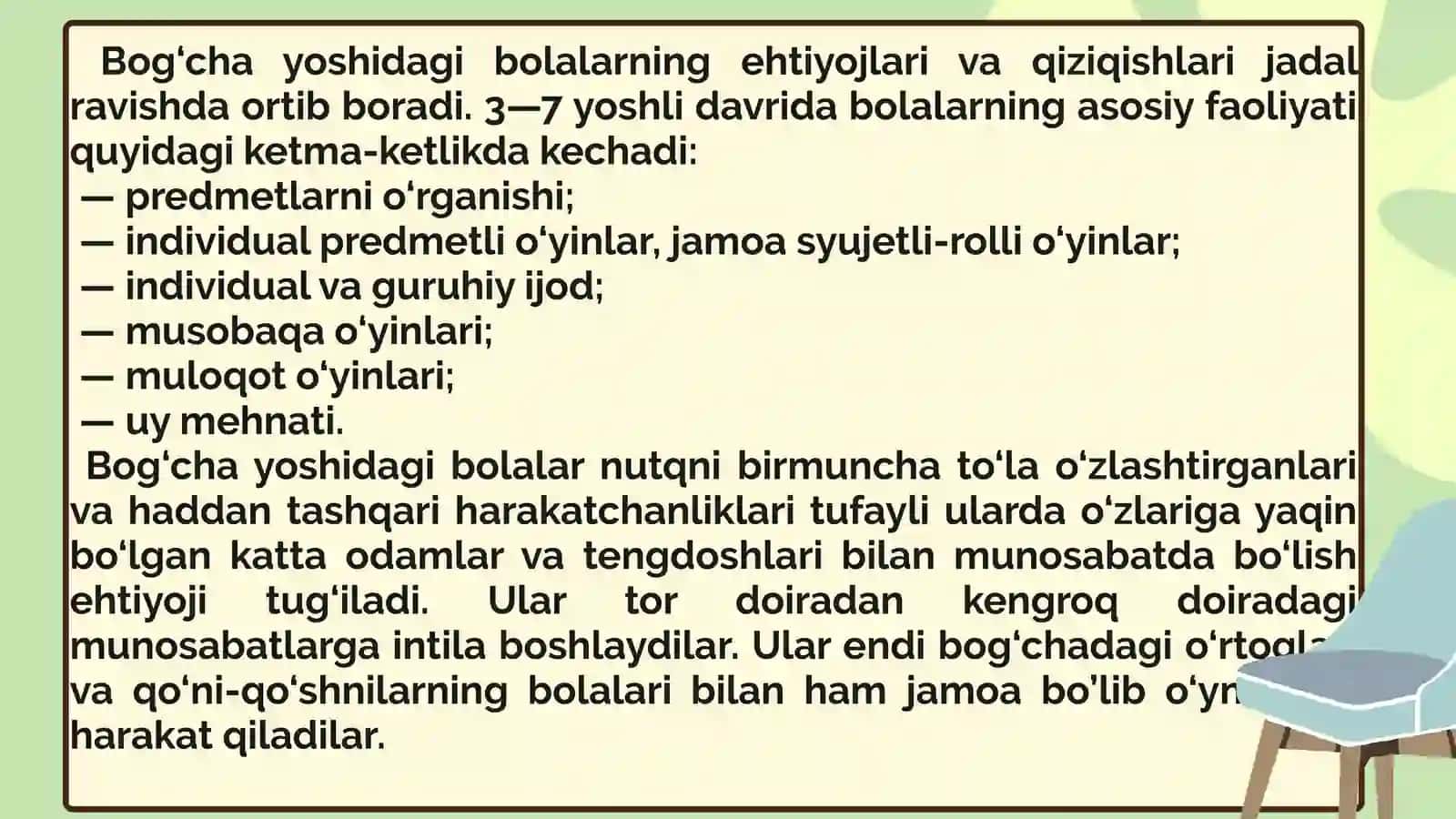 Maktabgacha yosh davri dapsixik rivojlanish xususiyatlari 4