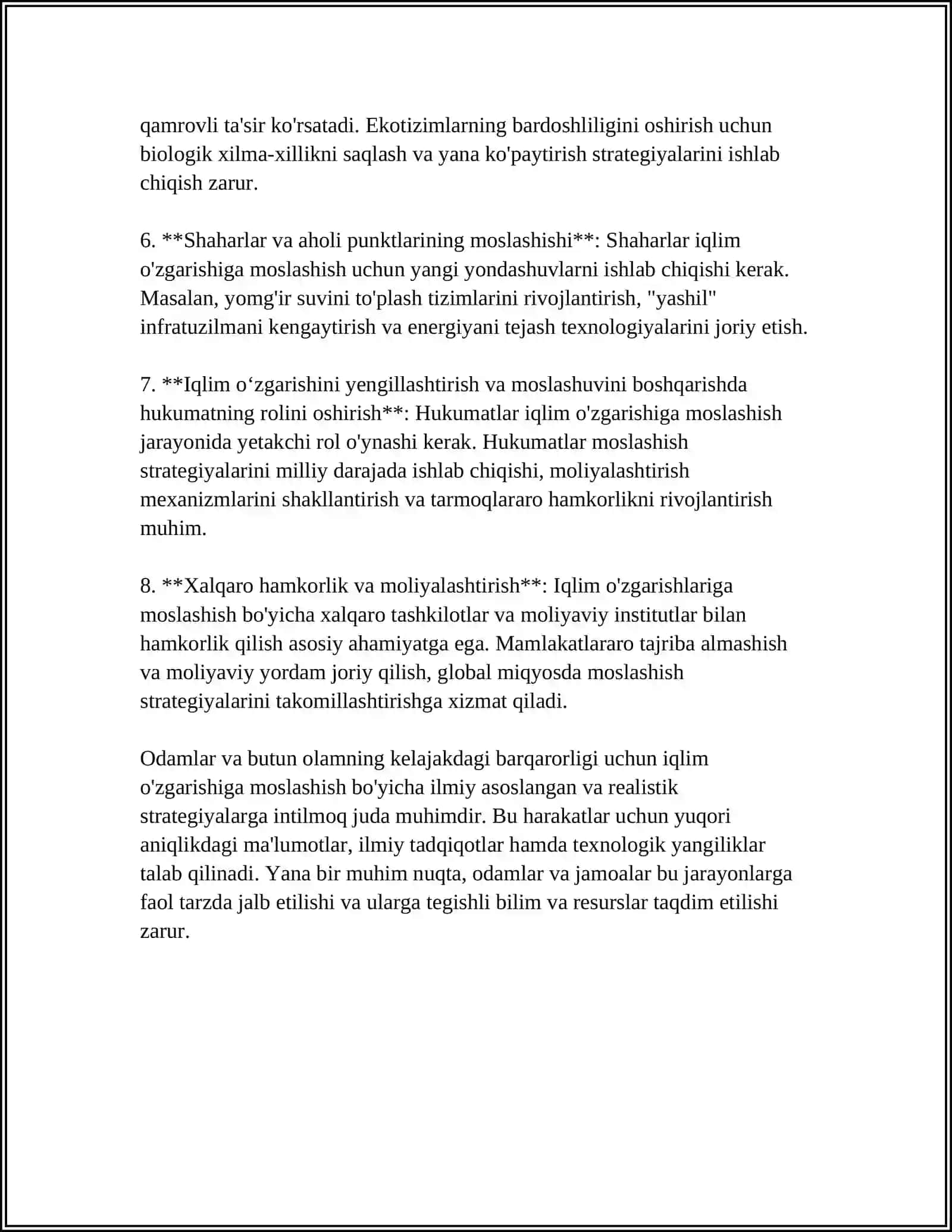 MUSTAQIL ISH Mavzu: IQLIM UZGARISHLARI OQIBATLARIGA MOSTLASHISH VA TABIY RESURSLARDAN OQILONA FOYDALANISH YULARI 4