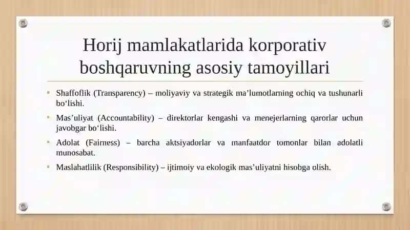 Horij mamlakatlarida korporativ boshqaruv bo’yicha korxona 4