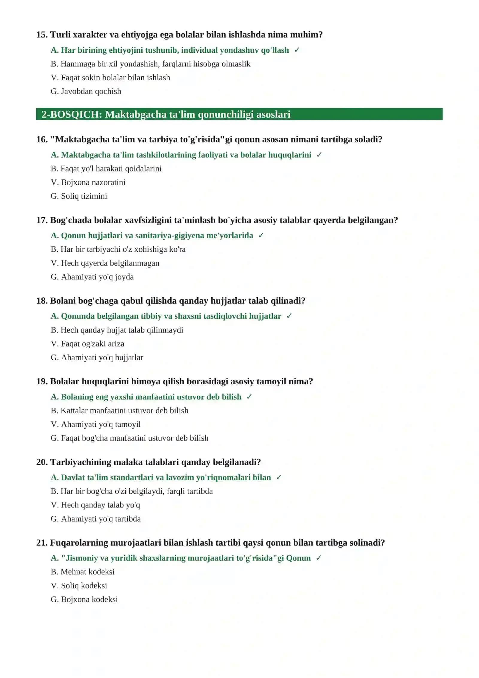 BOG'CHA TARBIYACHISI ISHGA KIRISH TEST SAVOLLARI 2026 | 90 ta savol-javob 4