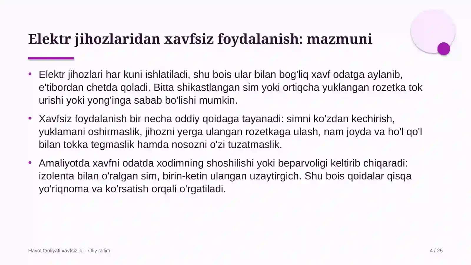 Hayot faoliyati xavfsizligi · Oliy ta'lim 4