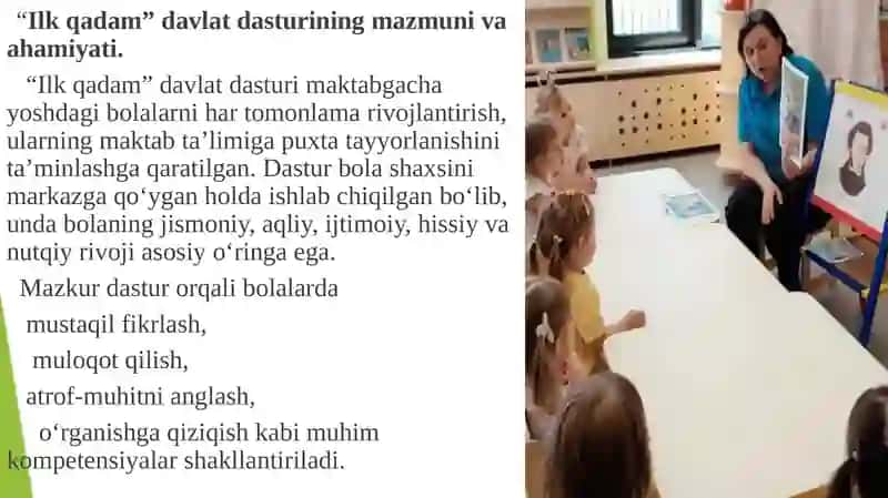 Ilk qadam”davlat dasturi asosida bolalarni savodga o’rgatish va maktabga tayyorlash 4