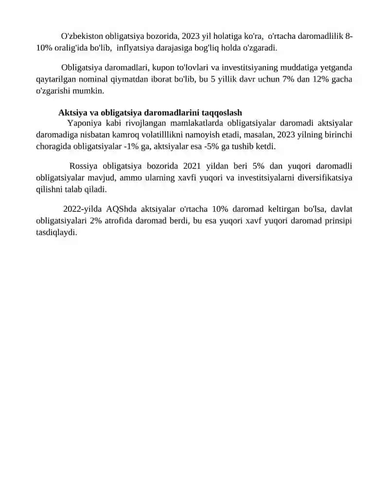 Aksiya va obligasiyalar daromadlari va ularni tahlili 4