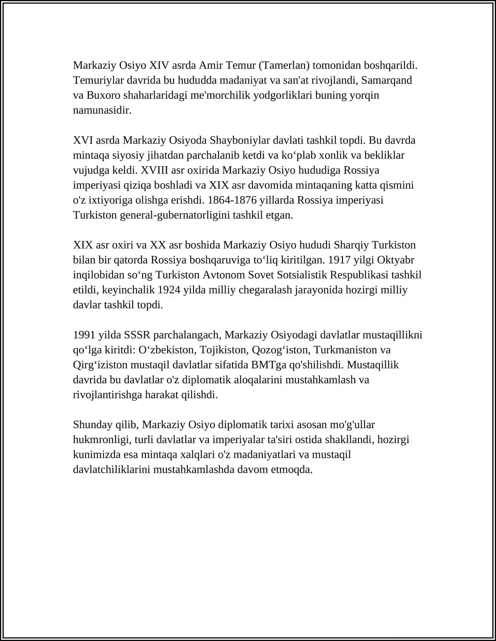 TOSHKENT DAVLAT SHARQSHUNOSLIK UNIVERSITETI MARKAZIY OSIYO DIPLOMATIYASI TARIXI FANINING MAZMUNI, PREDMETI VA METODI 4
