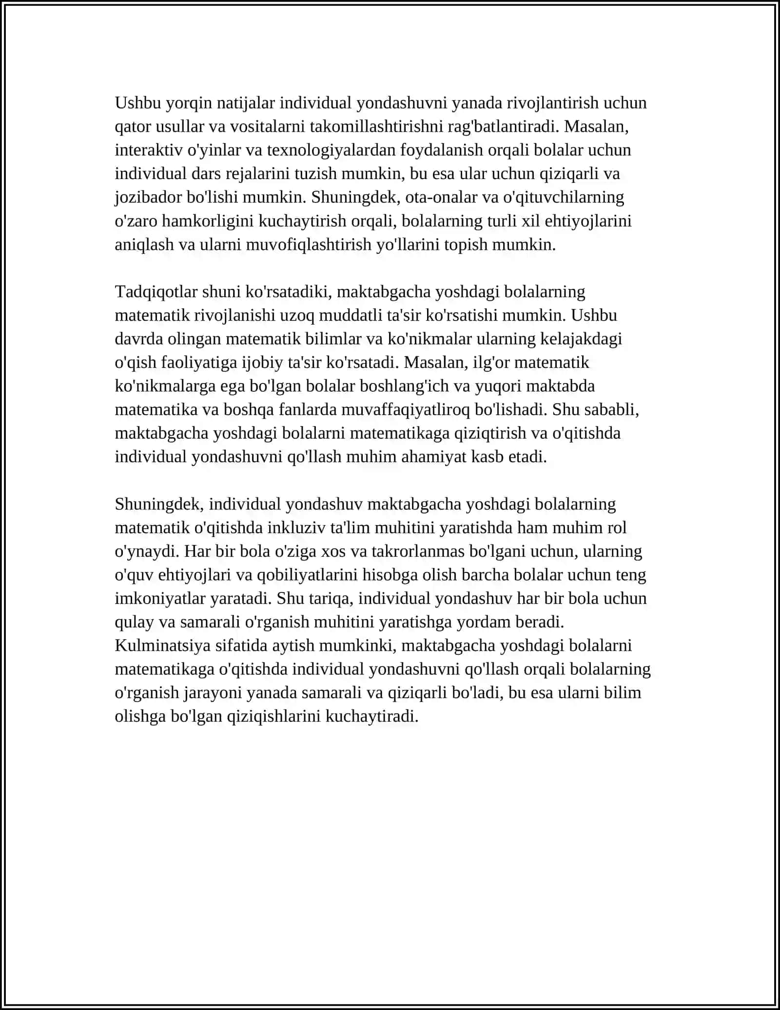 MAKTABGACHA YOSHDAGI BOLALARDA MATEMATIK TASAVVURLARNI SHAKLLANTIRISHDA INDIVIDUAL YONDASHISH PRINSIPINING ROLI 4