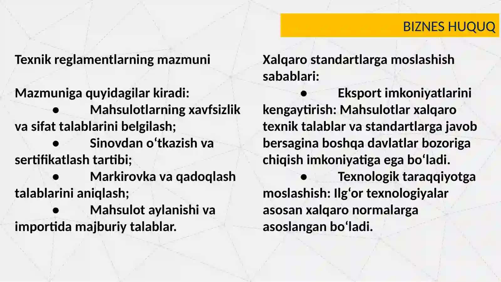 Texnik reglament maqsadi  mazmuni ishlab chiqish va  qabul qilish tartibi hamda texnik reglamentlarni qayta ko’rib chiqish yoki bekor qilishning o’ziga xos jihatlari 4
