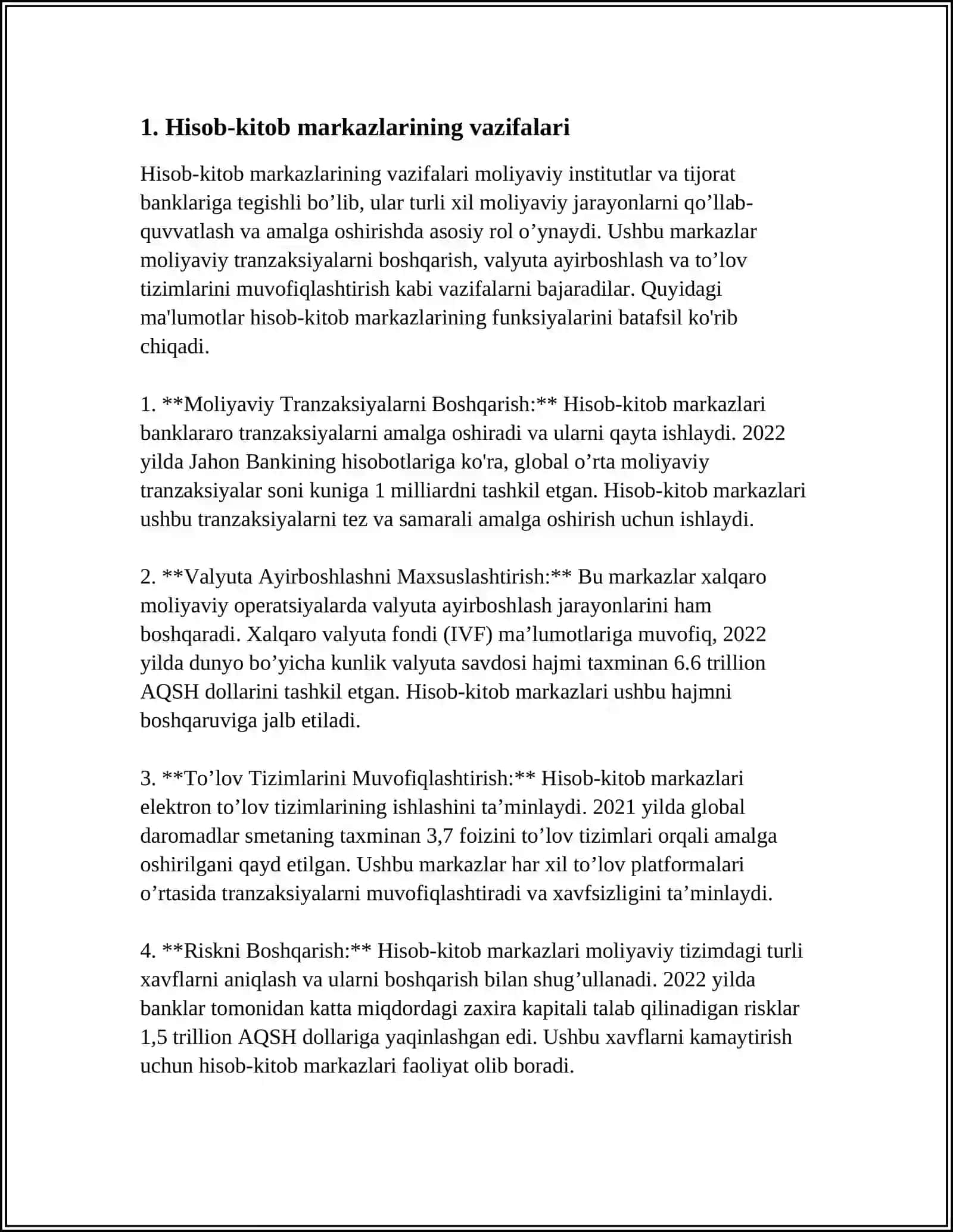 HISOB-KITOB MARKAZLARI ORQALI BANKLARARO HISOB-KITOBLARNING TASHKIL ETILISHI VA HISOBI 4