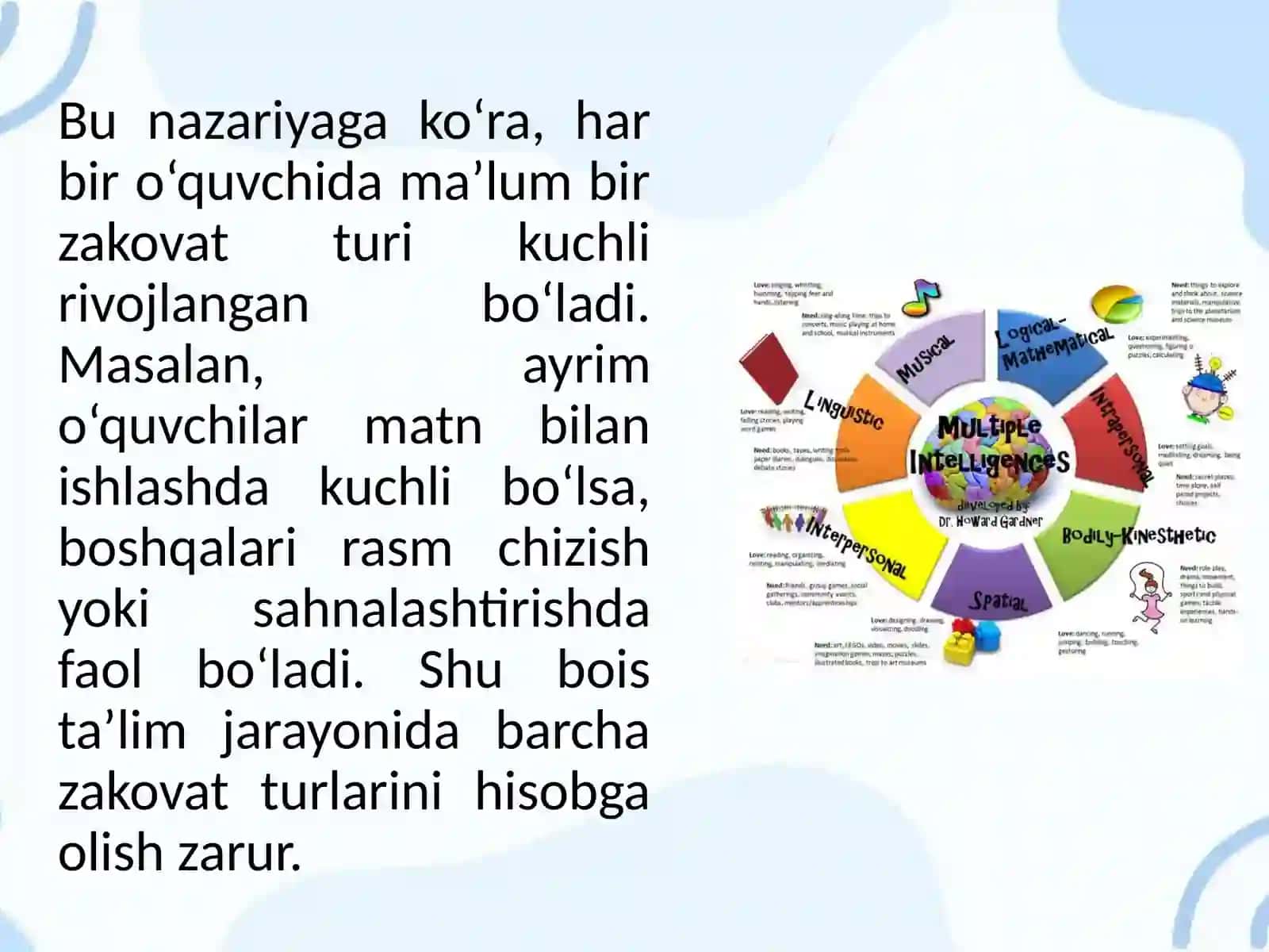 GARDNERNING “TURFA ZAKOVATLAR” NAZARIYASI ASOSIDA TURLI QOBILIYATGA EGA O‘QUVCHILARNI DARSGA JALB QILISH ( O‘TKIR HOSHIMOV “IKKI ESHIK ORASI”, G‘AFUR G‘ULOM “SHUM BOLA” MISOLIDA) 4