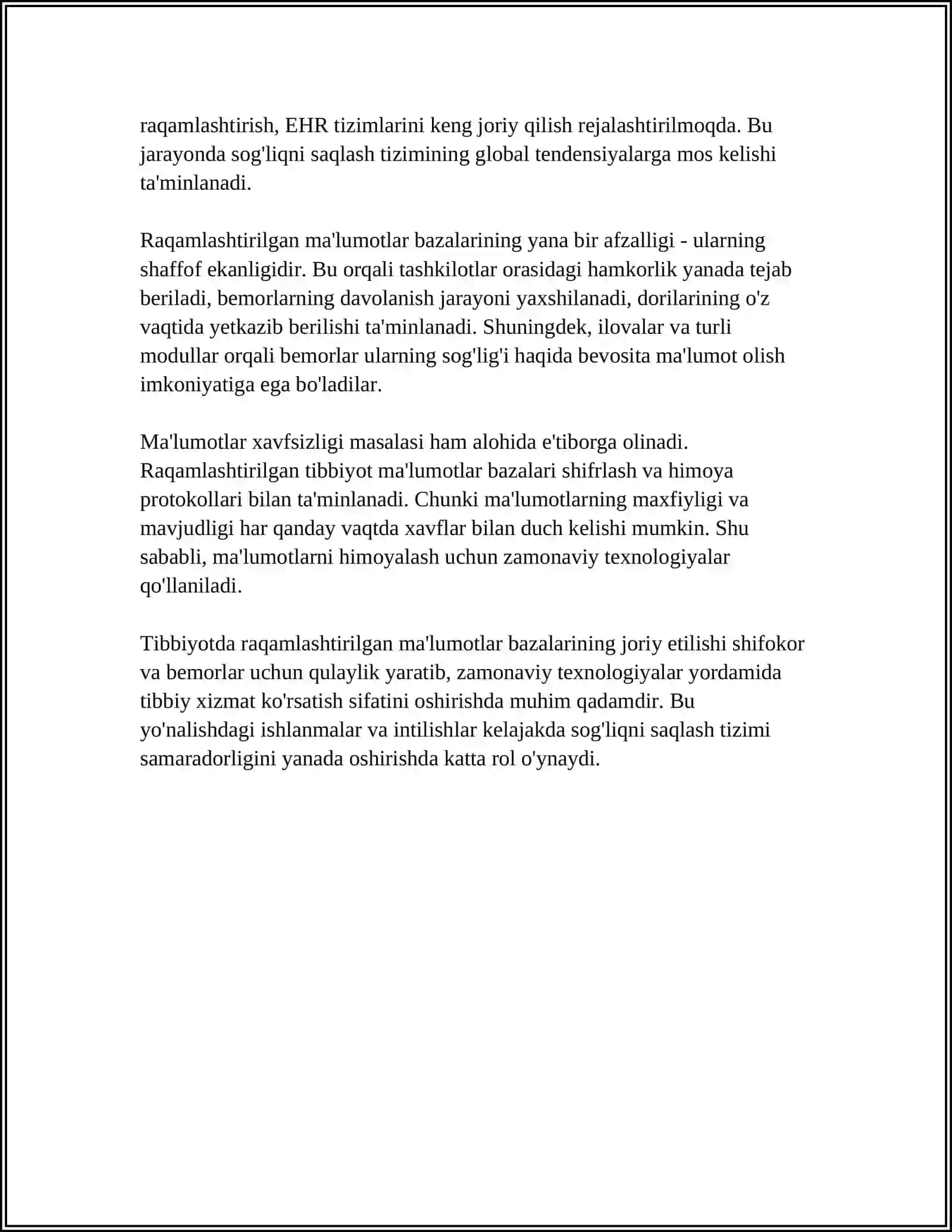TIBBIYOTNI RAQAMLASHTIRISH. ZAMONAVIY AXBOROT TEXNOLOGIYALARINING TIBBIYOTDA QO‘LLANILISHI. AXBOROT KOMMUNIKATSION TEXNOLOGIYALARINI TA’LIM SOHASI, ISHLAB CHIQARISH VA TIBBIYOTDA TADBIQ ETISH 4