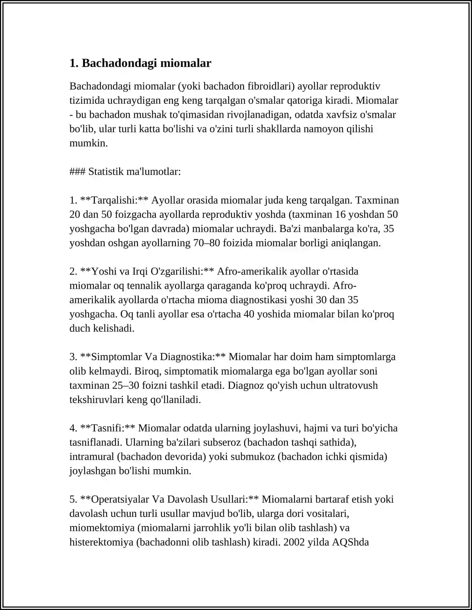 BACHADONNING MIOMASI. ENDOMETRIOZ. MIOMA TASNIFI 4