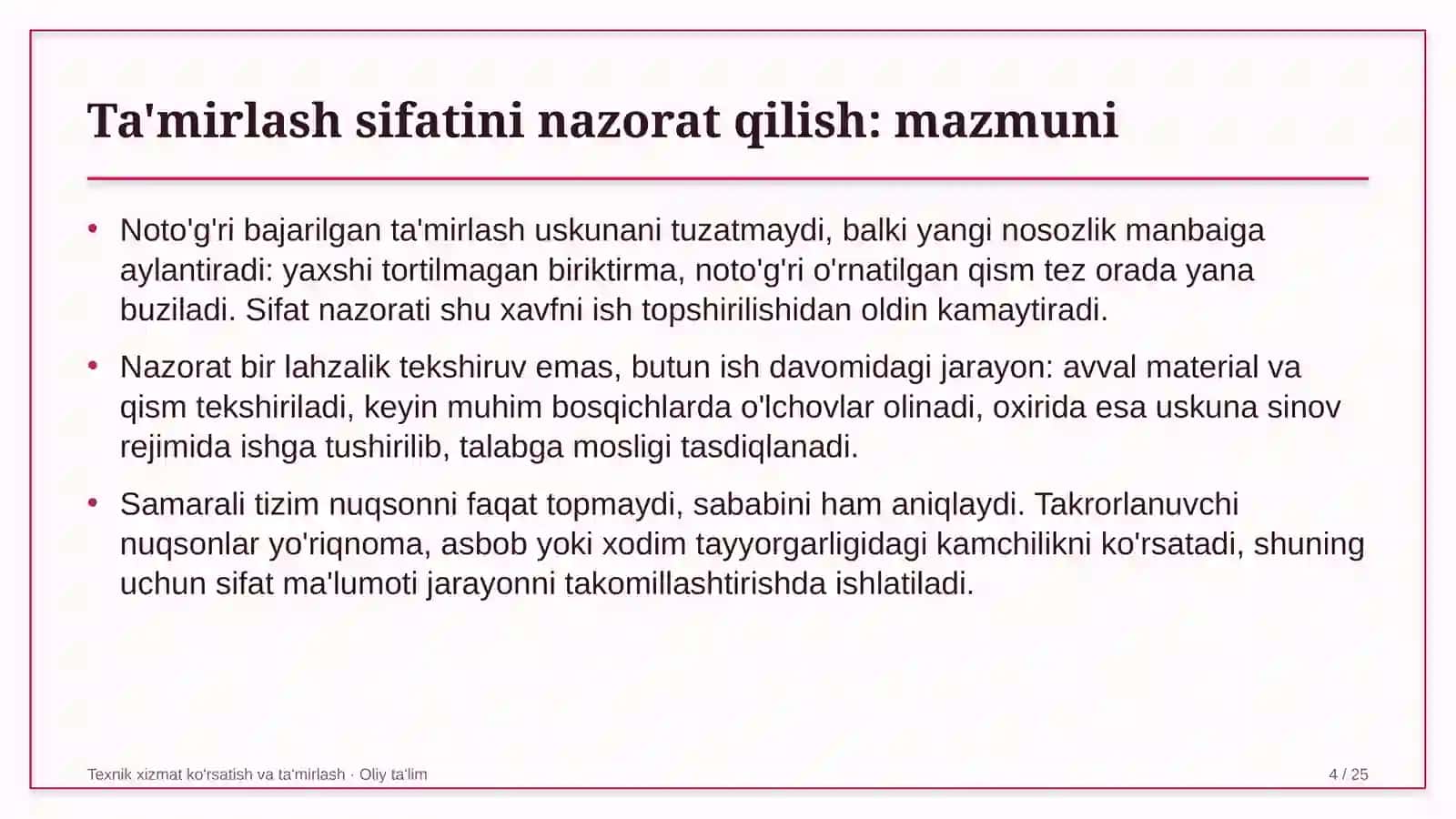Avtoservis korxonalarida ta'mirlash ishlari sifatini nazorat qilish 4