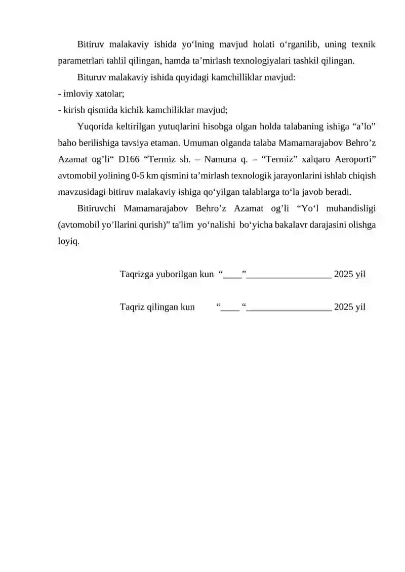 D166 “Termiz shahri”- Namuna q –“Termiz xalqaro Aeroporti” avtomobil yo’lining 0-5 km qismini ta’mirlash texnologik jarayonlarini ishlab chiqish 4