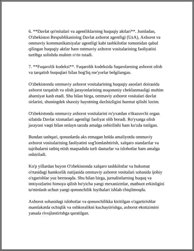 O'ZBEKISTON RESPUBLIKASIDA OMMAVIY AXBOROT VOSITALARINING FAOLIYATI 4