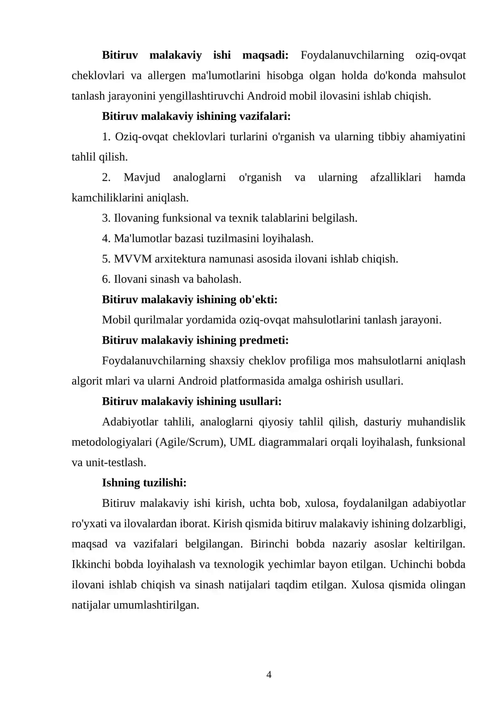Foydalanuvchining oziq-ovqat cheklovlarini hisobga olgan holda do‘konda mahsulot tanlash bo‘yicha Android yordamchi ilovasini ishlab chiqish 4