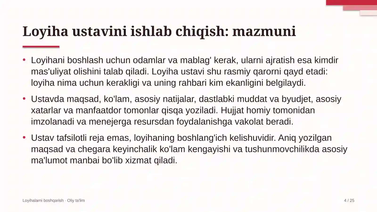 Loyihalarni boshqarish · Oliy ta'lim 4