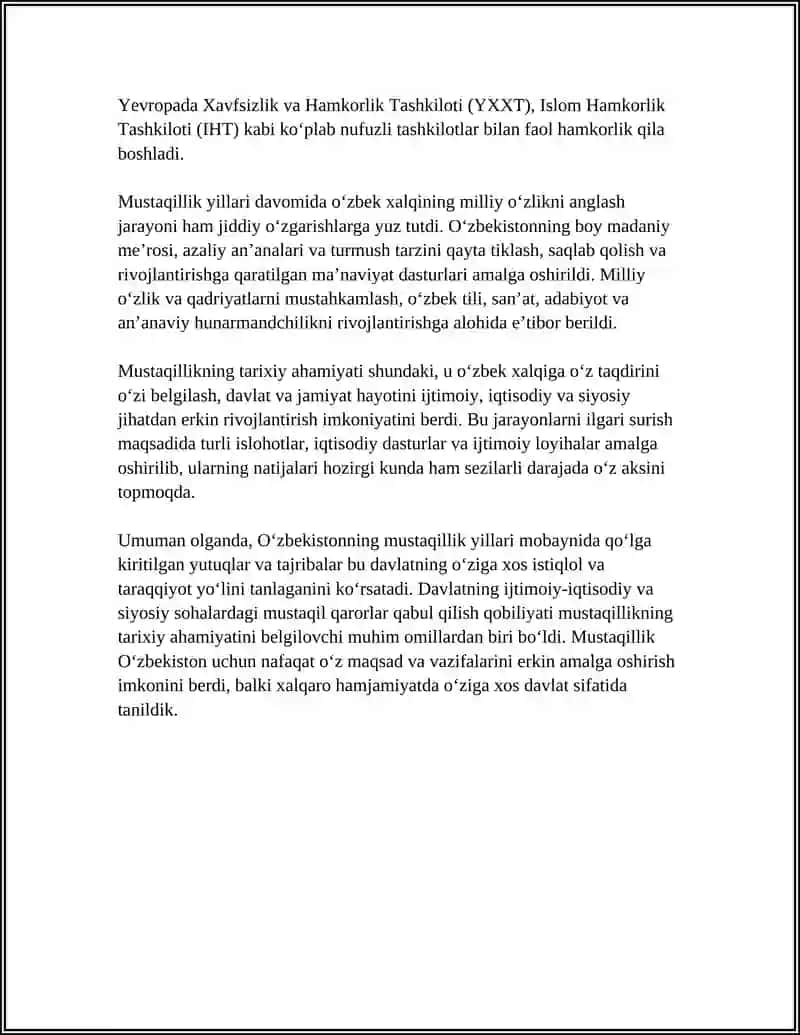 O'ZBEKISTONNING O'ZIGA XOS ISTIQLOL VA TARAQQIYOT YO'LI 4