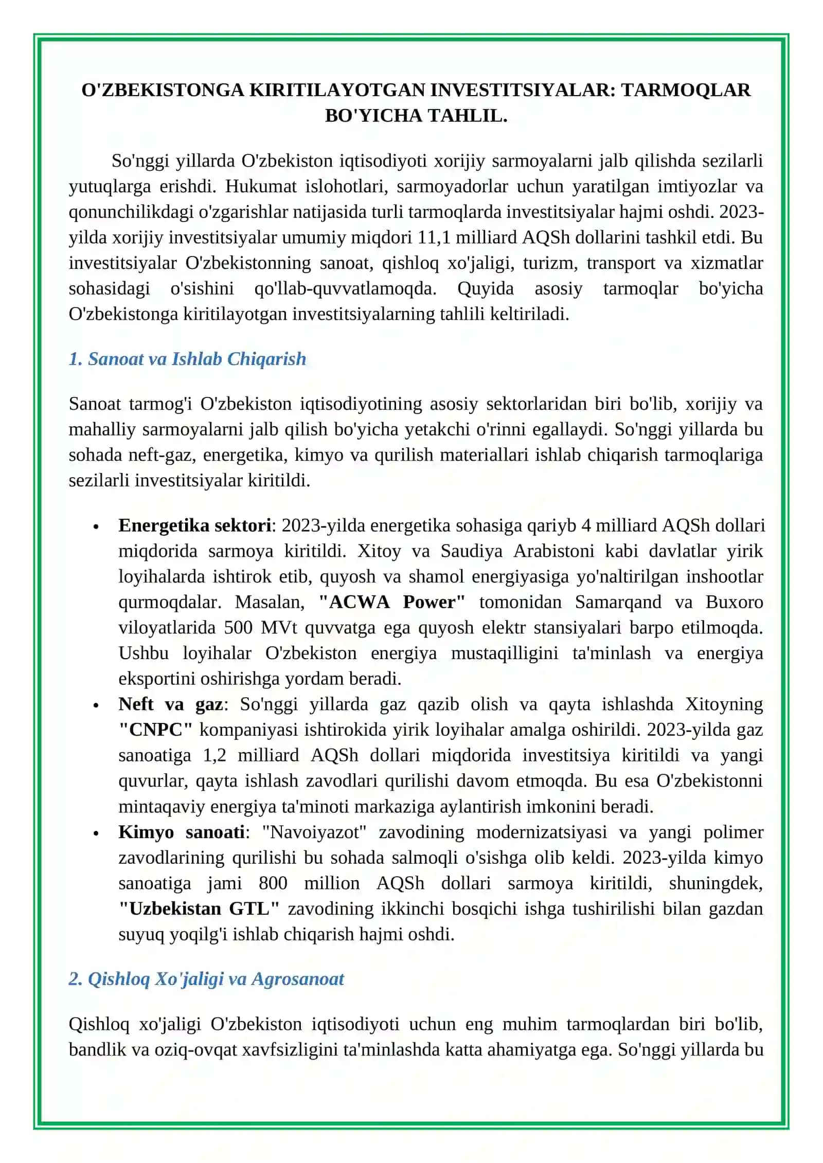 O‘ZBEKISTONGA KIRITILAYOTGAN INVESTITSIYALARNING TARMOQLAR VA HUDUDIY TARKIBI 4