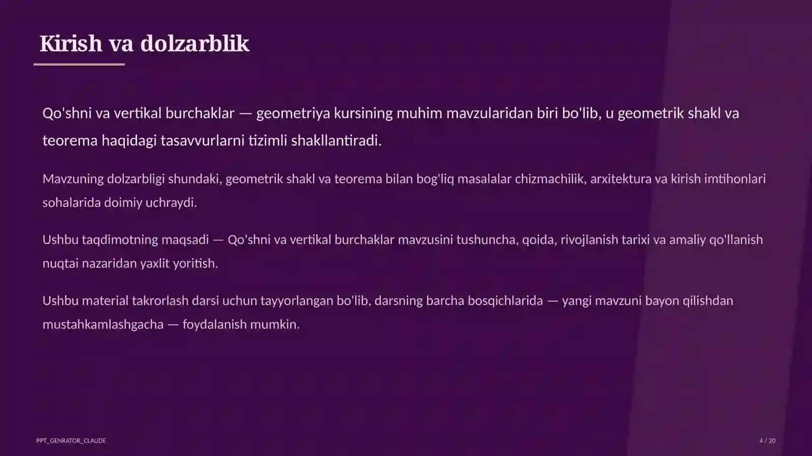 Qo'shni va vertikal burchaklar (7-sinf) Geometriya (7– 11) — takrorlash darsi uchun 4