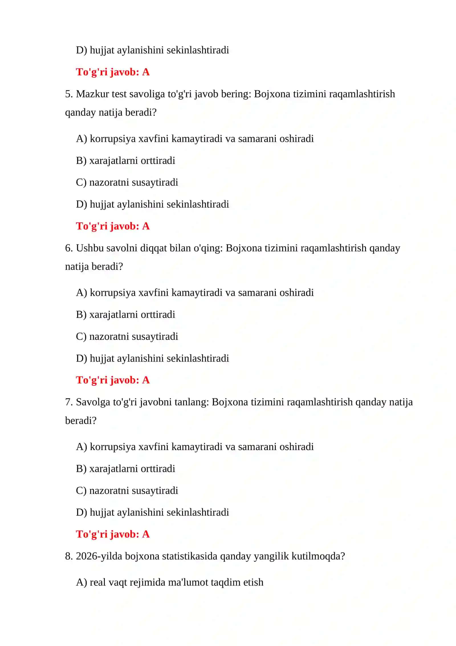BOJXONA ISHGA KIRISH TESTLARI 2026 4