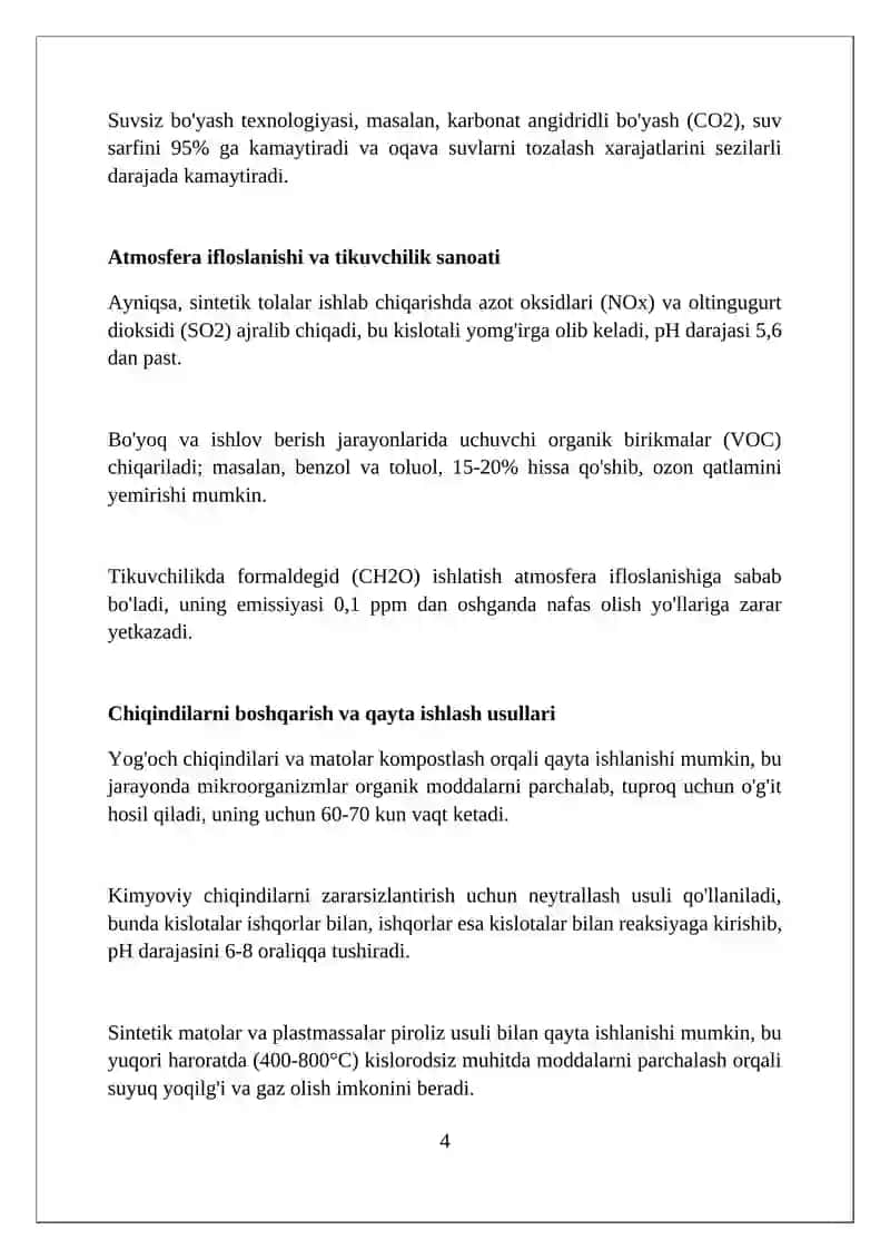 Tikuvchilik sanoatida texnologik jarayonlarni kimyoviy usulda amalga oshirishning ekologik muammolari 4