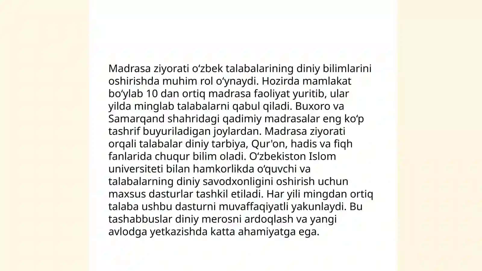 Talabalar bilan O'zbekistondagi diniy tashkilotlarga borish(viloyatlar doirasida masjid,madrasa, ma'had, cherkov, sinagoga va boshqalar) by Polatova Munira 4
