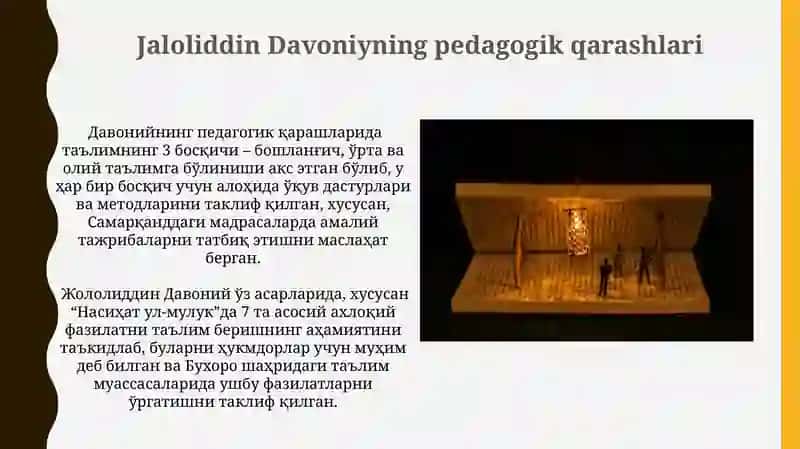 Abdurahmon Jomiyning ga Jaloliddin Dovoniyning ta'limiy axloqiy qarashlari 4