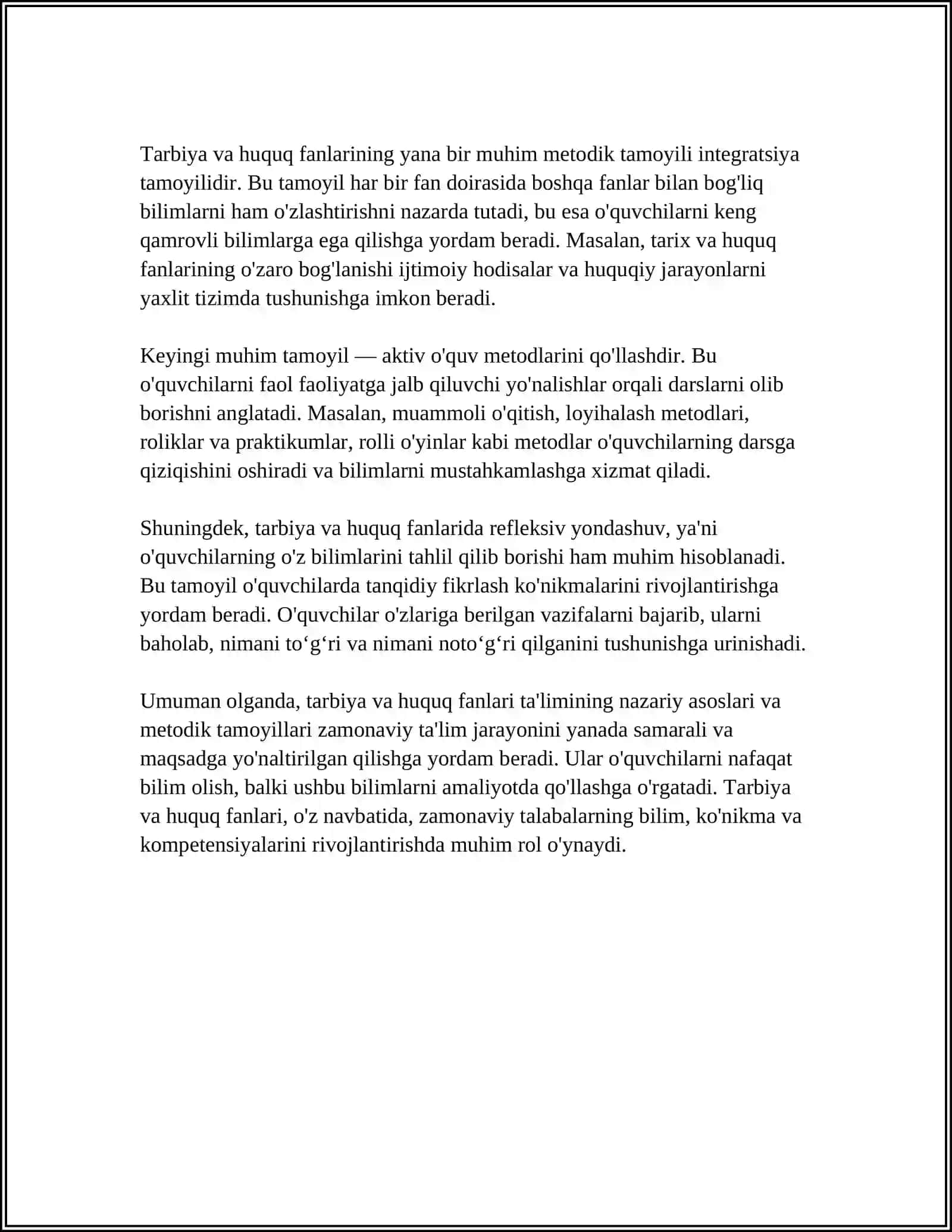 TARBIYA VA HUQUQ FANLARINI O‘QITISH METODIKASI VA UNING UMUMTA’LIM FANLARINING UZLUKSIZ TA’LIMI TIZIMIDAGI O‘RNI 4