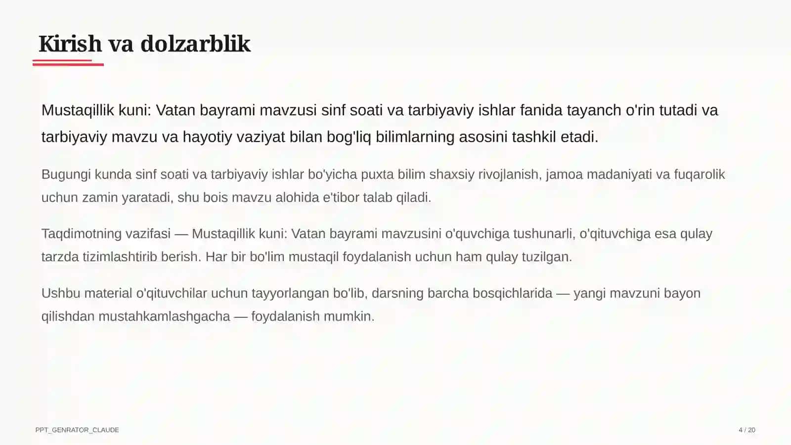 Sinf soati va tarbiyaviy tadbirlar (1–11) — o'qituvchilar uchun 4