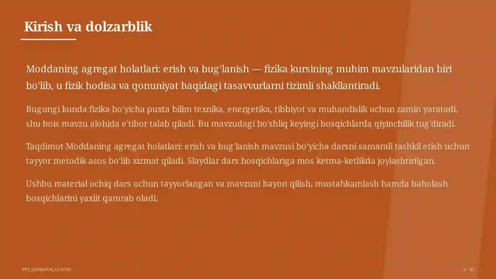 Moddaning agregat holatlari: erish va bug'lanish (8-sinf) Fizika (6-11) — ochiq dars uchun 4