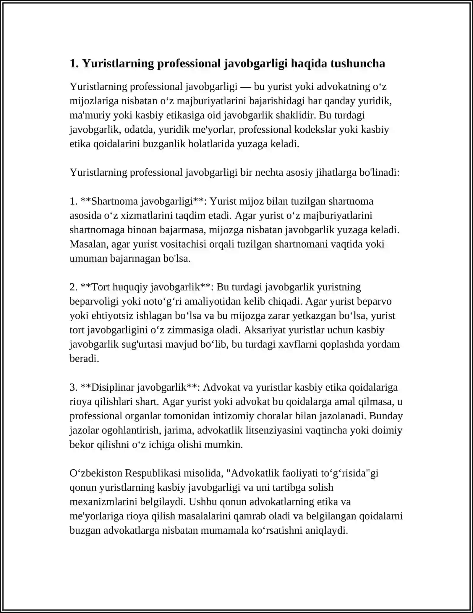 YURIDIK KASB EGALARINING PROFESSIONAL JAVOBGARLIGI. KASB AXLOQI TUSHUNCHASI. UMUMIY VA XUSUSIY JIHATLARI 4