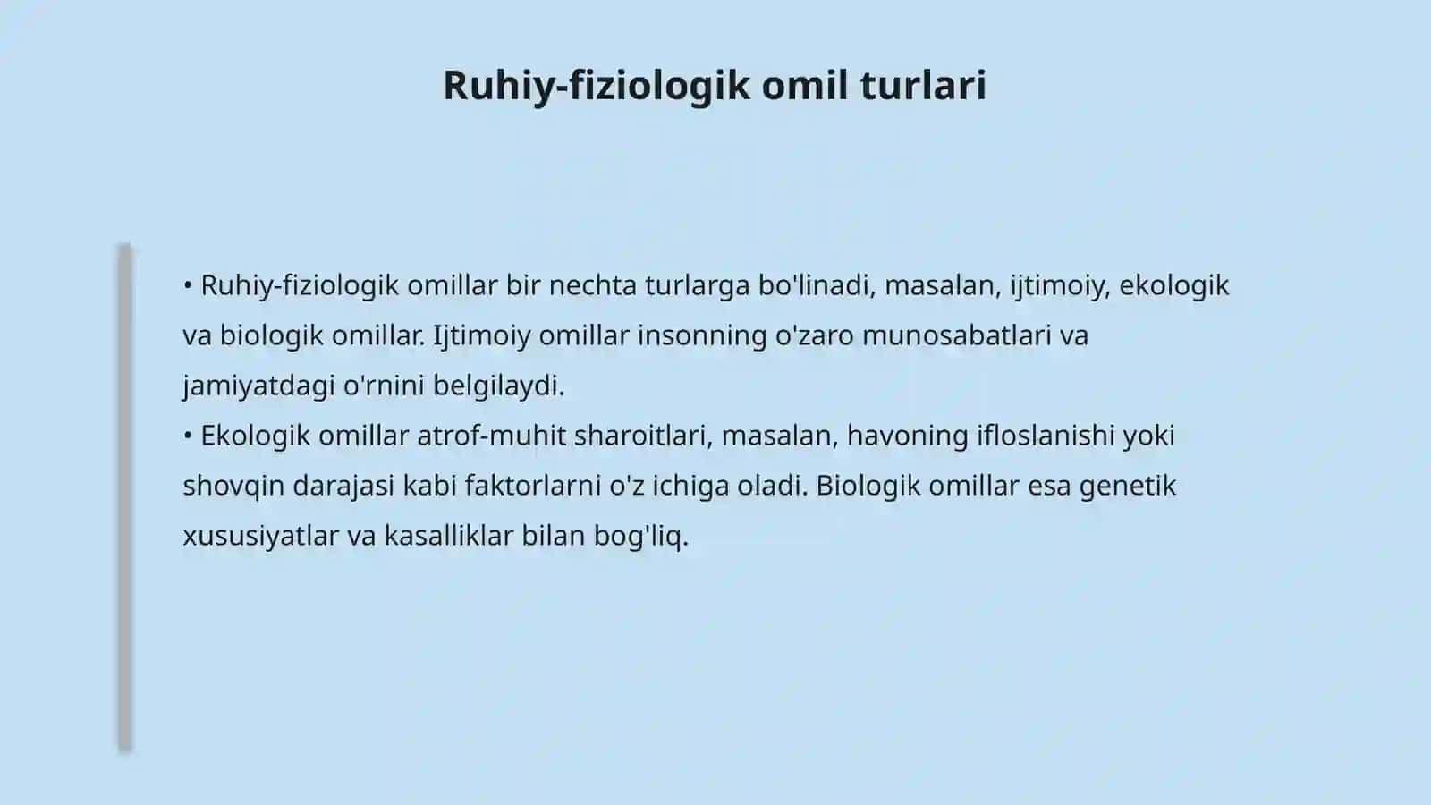 Ruhiy-fiziologik omillarga gigiyenik tarif, organizmga ularning zararli tasirini oldini olish tadbirlari 4