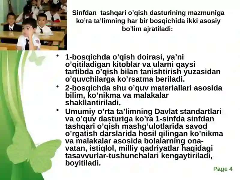 MAKTABDAGI TO’GARAK ISHLARINI O’QUVCHI TARBIYASIGA TA’SIRI SINFDAN VA MAKTABDAN TASHQARI TARBIYAVIY ISHLARNING MAQSADI VA VAZIFASI 4