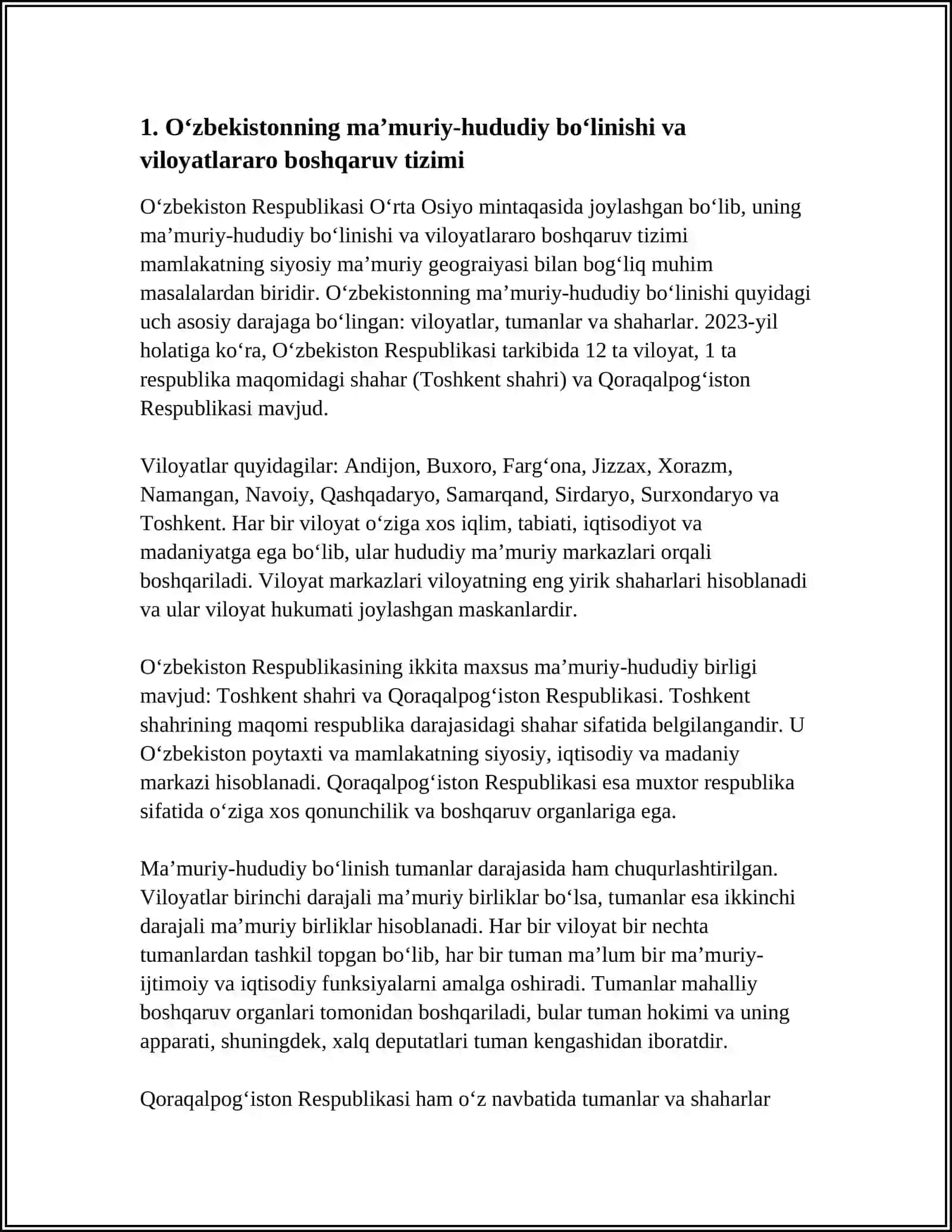 OʻZBEKISTONNING SIYOSIY MAʼMURIY GEOGRAFIYASI MAVZUSIDA MUSTAQIL ISHI 4
