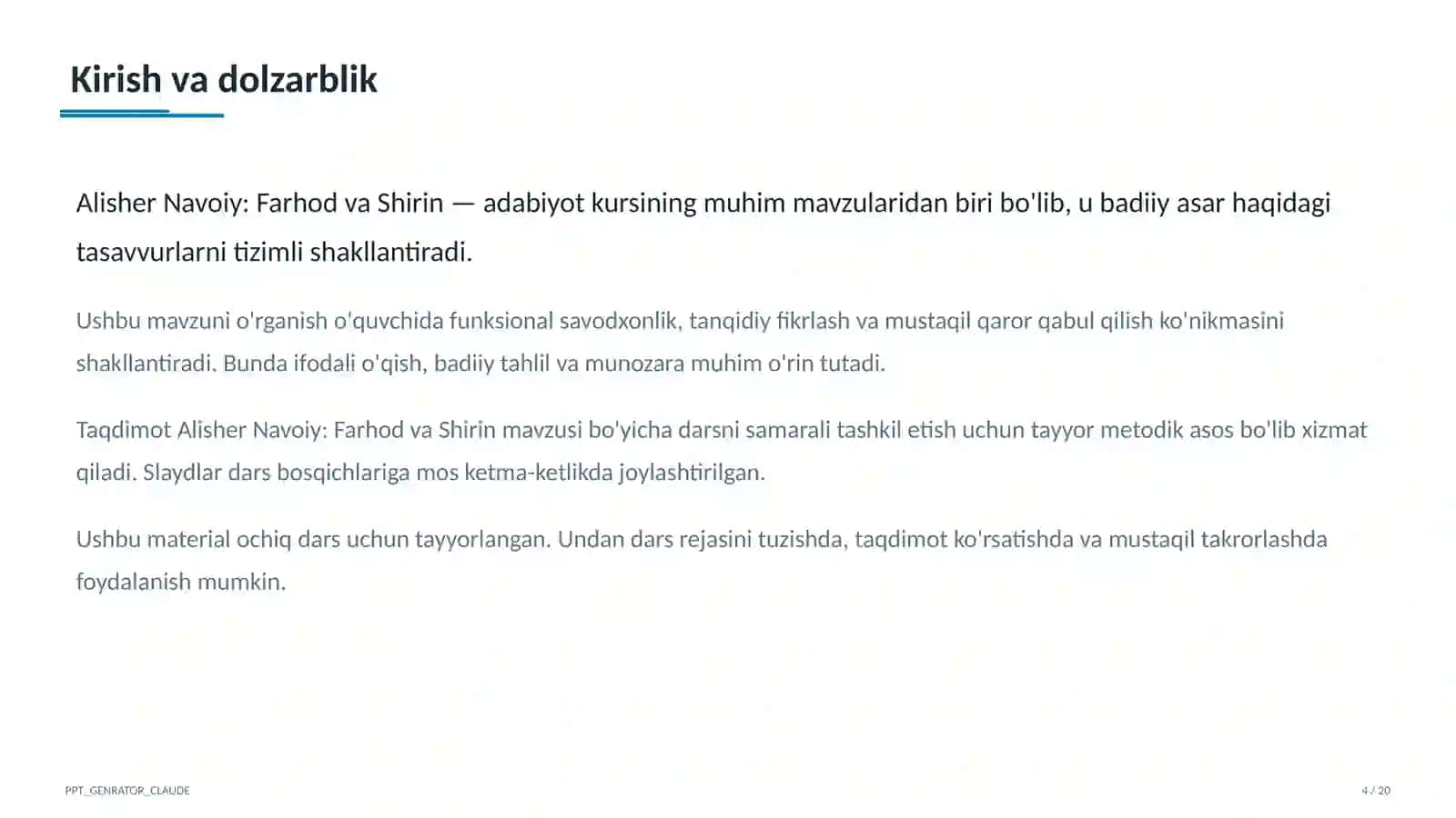Alisher Navoiy: Farhod va Shirin (8-sinf) 4