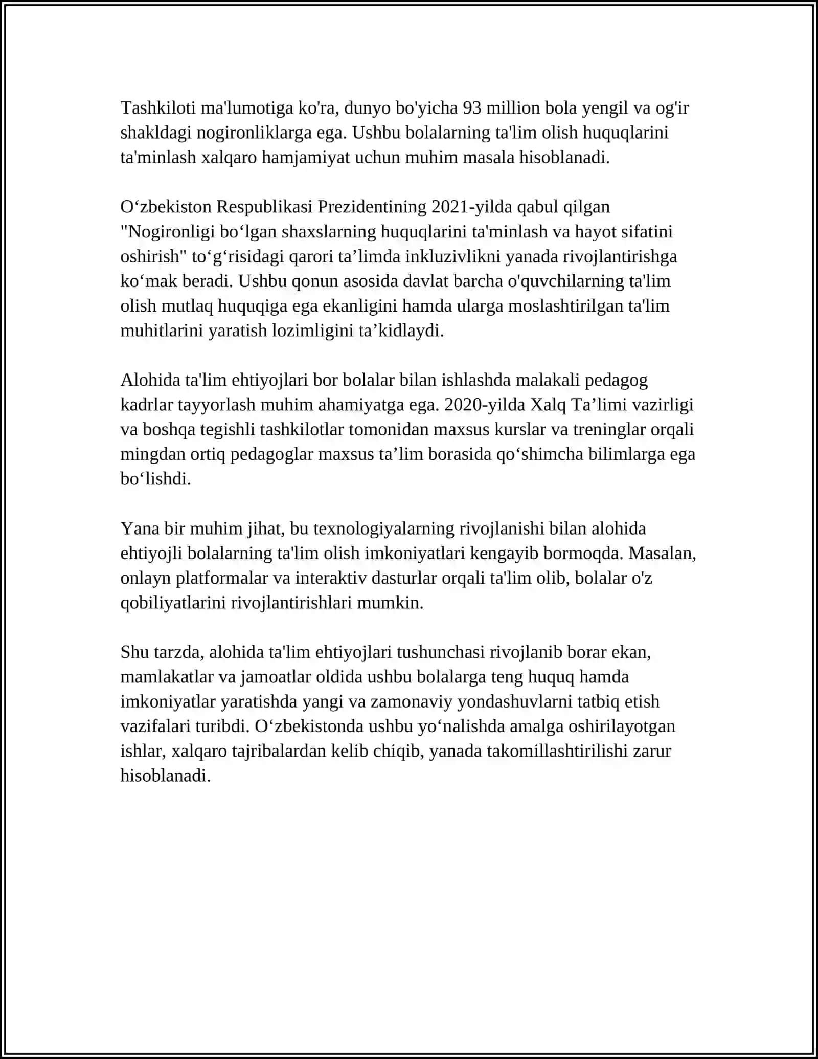 ALOHIDA TA'LIM EHTIYOTLARIGA EGA SHAXSLARNI INKLYUZIV TA'LIM KONSEPSIYASINING MOHIYATI VA ASOSIY QOIDALARI 4
